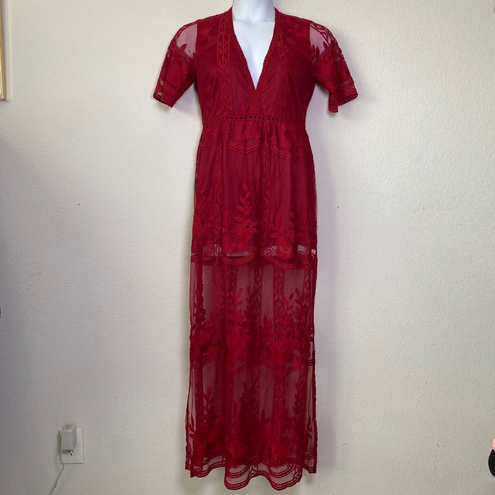BBYES Collection Maxi Dress Large Red Womens Boho Romantic Floral Lace‎ V-Neck